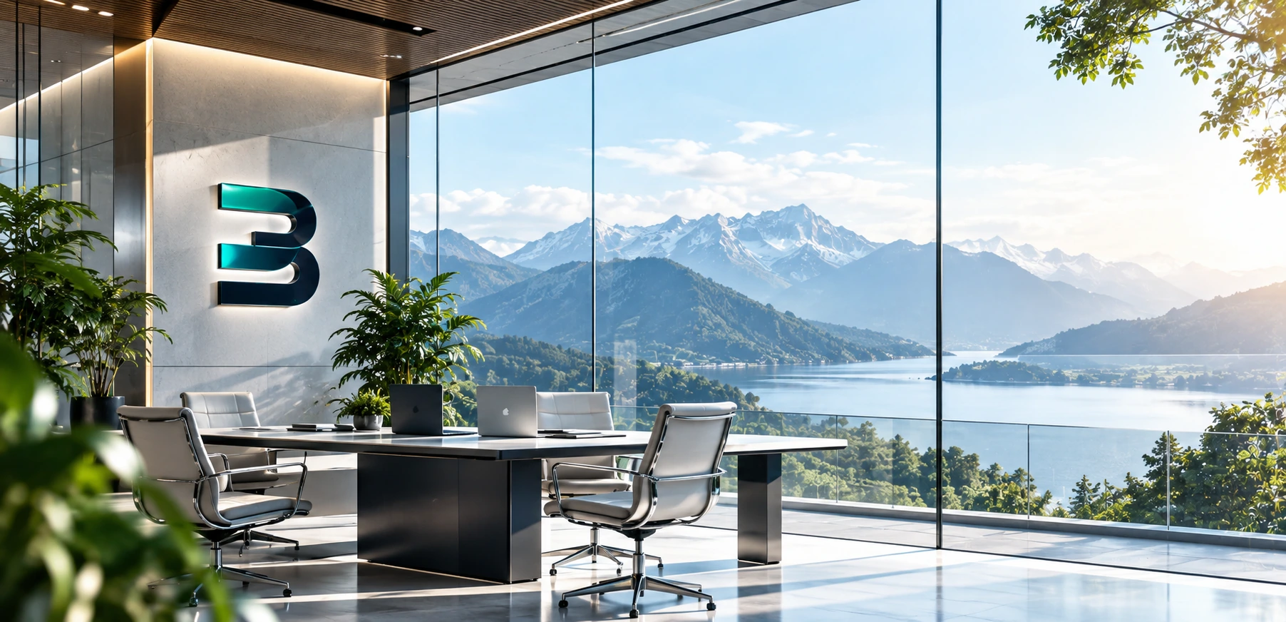 Contemporary architectural space overlooking a mountain landscape
