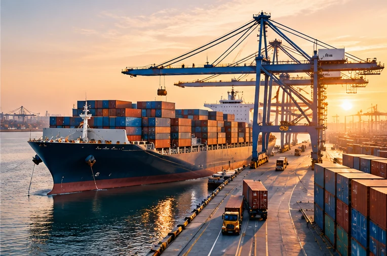 Container ship at an international trade port at sunset