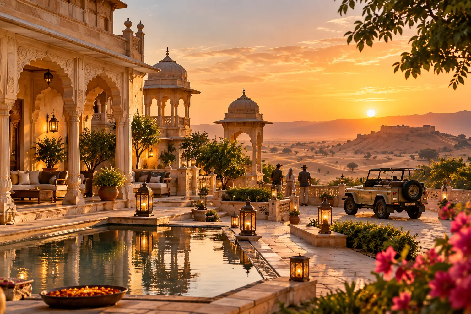 Luxury heritage resort terrace overlooking the Rajasthan desert at sunset