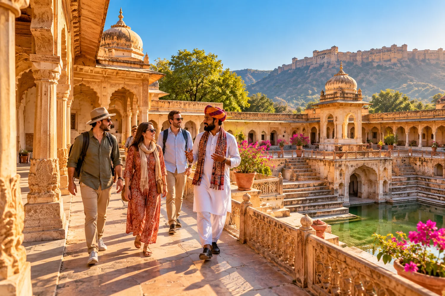 Travelers exploring a heritage palace courtyard in Rajasthan